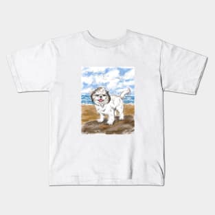 Shih Tzu dog portrait with beach nature landscape background Kids T-Shirt